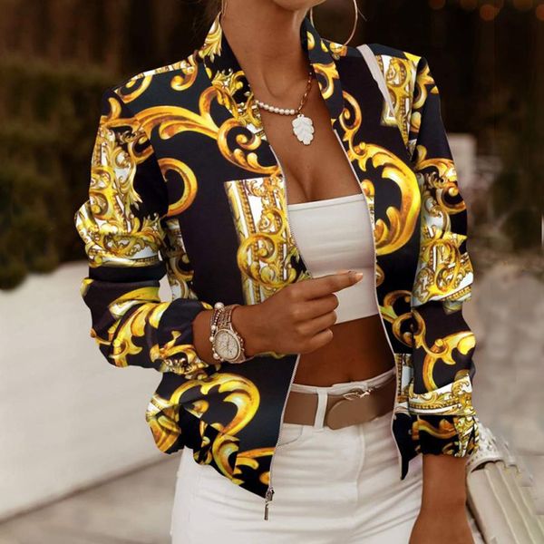 

spring autumn casual thin jacket vintage print women fashion long sleeve slim zipper ladies jackets coat printing flower 220715, Black;brown