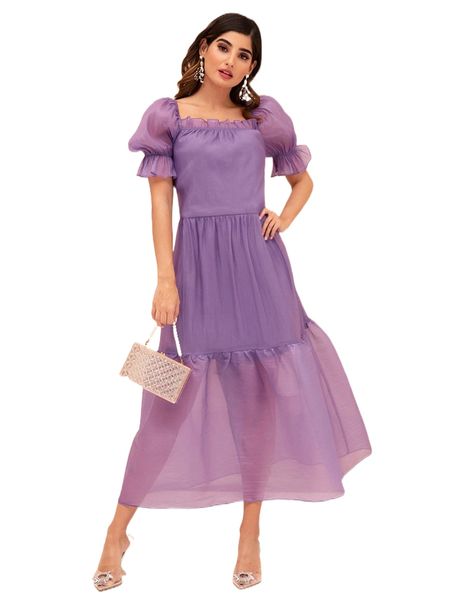 

modely frill trim ruffle hem puff sleeve organza dress m7nv#, Black;gray