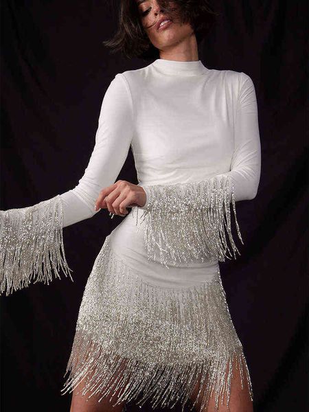 

elegant fringed shinny mini dress women slim crew neck long sleeve pullover female evening dresses 2022 party club lady vestidos t220816, Black;gray
