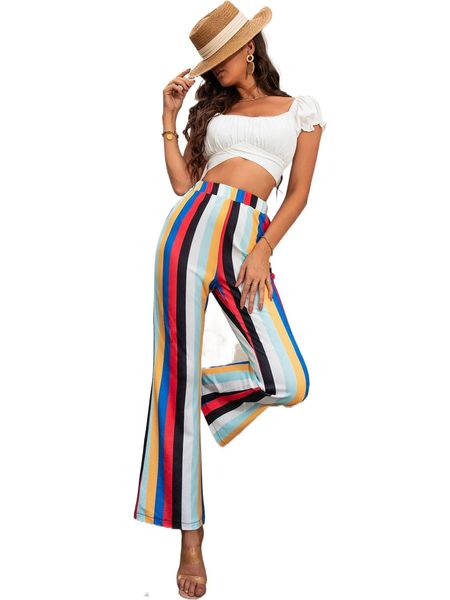 

block striped flare leg pants t5sl#, Black;white