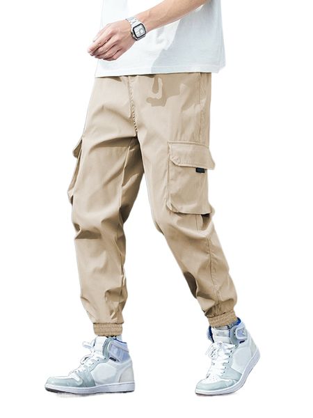 

men drawstring waist cargo pants t92f#, Black