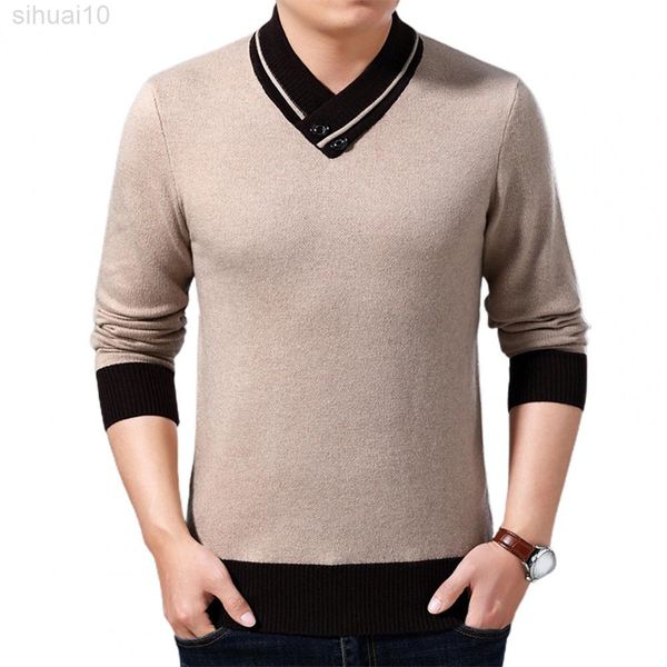 Men suéter v malha de malha casual solto malha macia Botão quente Botão quente Autumn Winter Turtleneck Sweater Pullover L220801