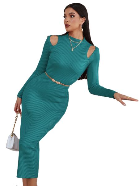 

cut out ribbed knit sweater dress without belt f05b#, White;black