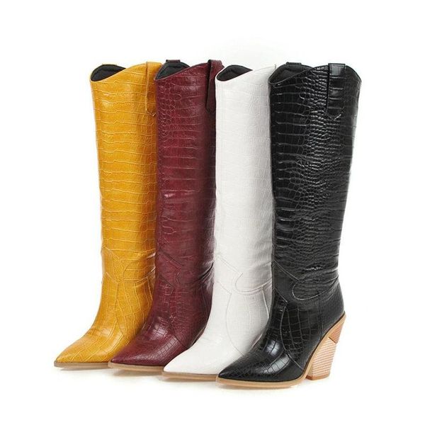 

boots black yellow white knee high women western cowboy for long winter pointed toe cowgirl wedges motorcycle2492