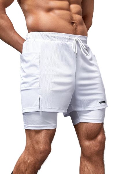 

men phone pocket drawstring waist 2 in 1 sports shorts f7t2#, White;black