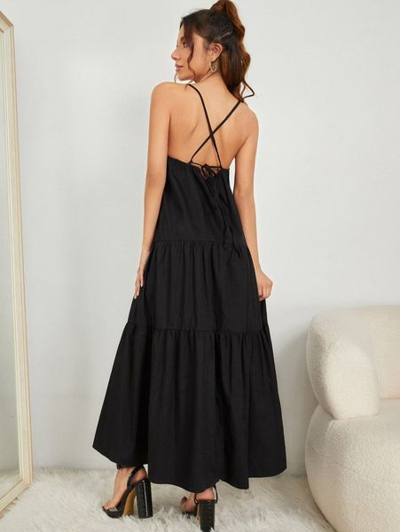 

lace up backless smock cami dress c5gy#, Black;gray