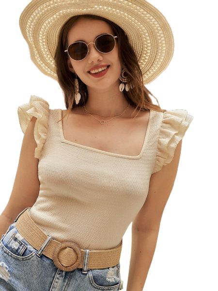 

square neck ruffle trim tee 65yf#, White