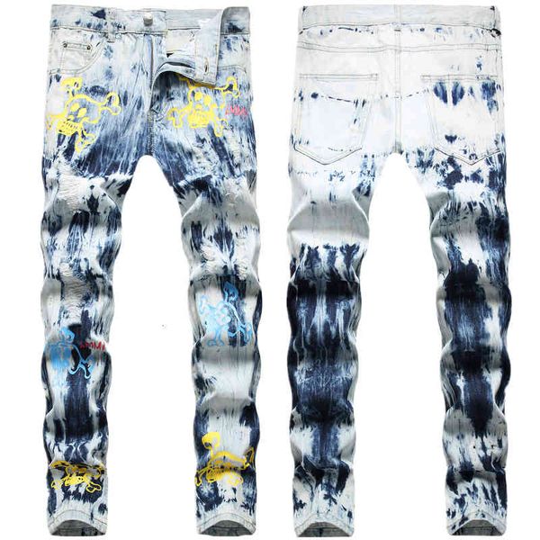 

men's jeans hip hop west wind blue tie rinse water digital print hole small straight jeans f4zt