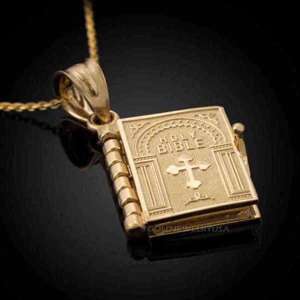 Hit 2020 Vintage Goldene Religion Bibel Anhänger Halskette Öffnende Buch Halskette Glaube Kreuz Für frauen männer Alter man232m