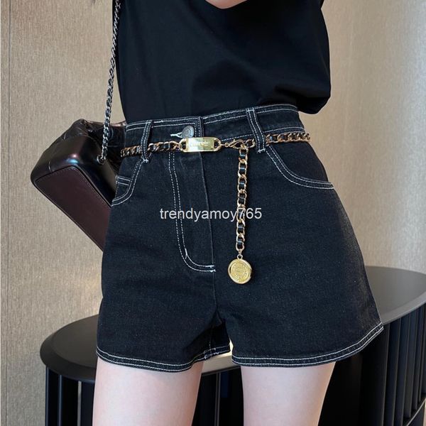 

women's shorts summer high waist dark wash line decoration versatile metal chain denim wide leg shorts women, White;black