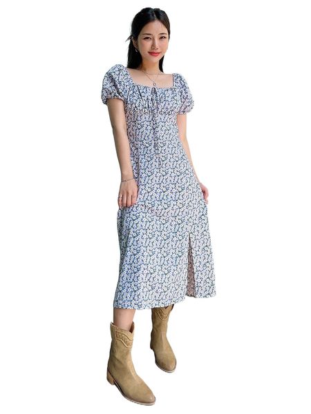 

dazy ditsy floral print knot front ruched bust split thigh dress i6iy#, Black;gray