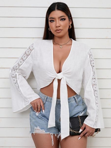 

plus lace panel knot front crop f5ly#, Black