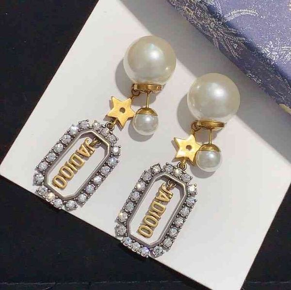 

2022 factory wholesale new diamond inlaid front and rear pearl brass 925 silver needle net red earrings, Golden