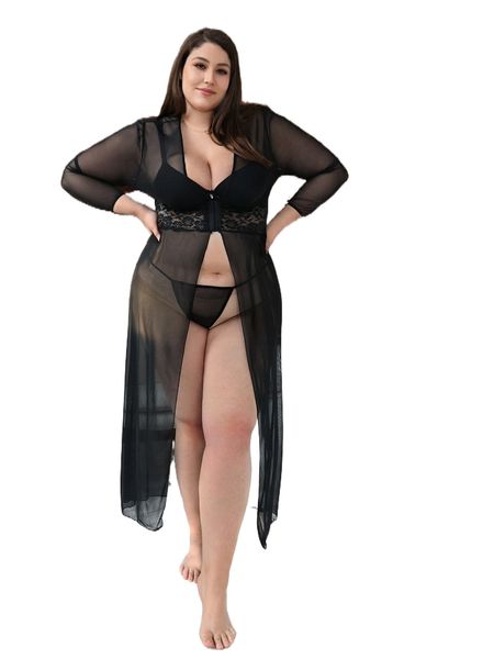 

plus contrast lace dress & thong without liner 60l8#, Black;white