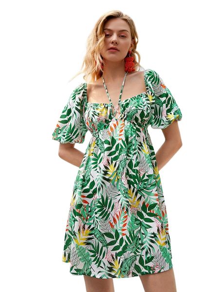 

tropical print tie back puff sleeve dress o04d#, Black;gray