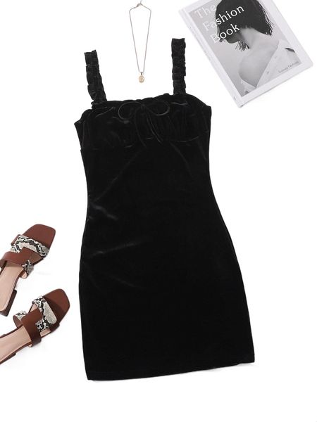 

frill trim knot front velvet cami dress g6km#, Black;gray