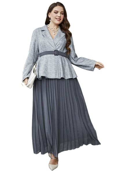 

plus lapel neck pleated hem belted dress e8zq#, Black