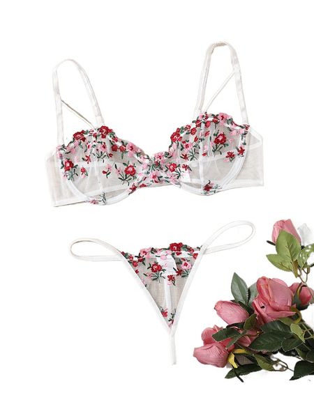 

embroidery underwire sheer mesh thong lingerie set m2xv#, Black;red