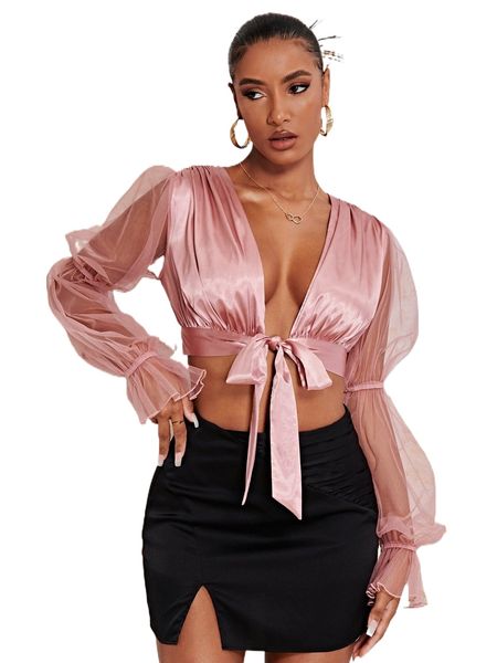 

solid tie front flounce sleeve 83qk#, White