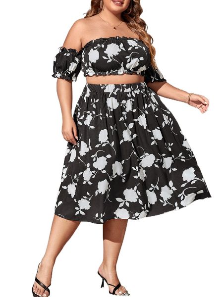 

plus floral print off shoulder frilled & flare skirt 712j#, Black