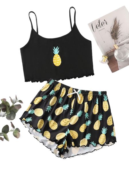 

pineapple print lettuce trim crop cami & bow front shorts pj set d3ha#, Black;red