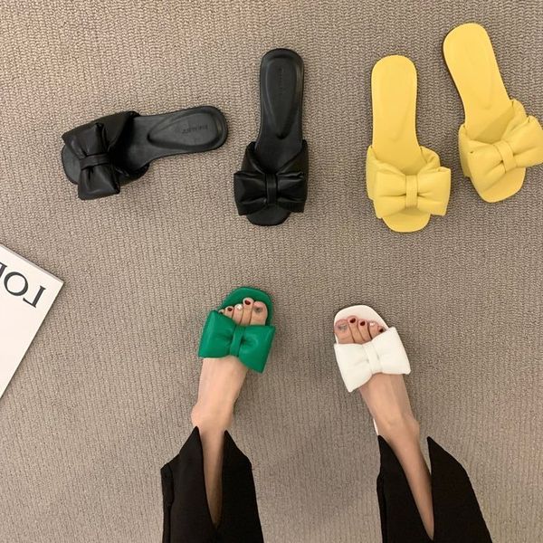 

flat bottom bow sandals fairy shoes wear 2022 new summer soft inschao beach, Black