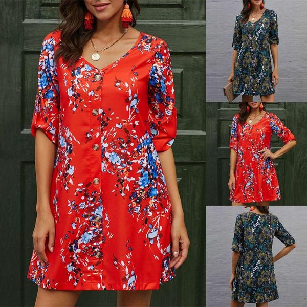 

party dresses kf-women's style v-neck three-quarter sleeve single-breasted shirt loose printed dress, White;black