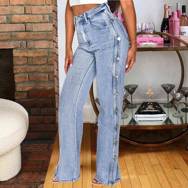 

fashion women high waist stretch solid colors edges button down slit straight leg denim pants streetwear jeans pants # g3 l220726, Blue
