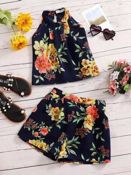 

girls floral print halter neck crop & shorts she, White
