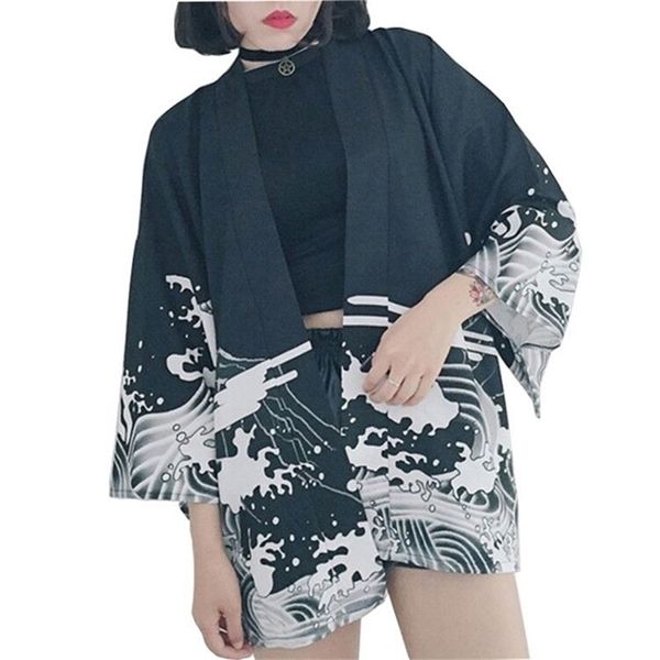 Bella Japan Style Print Vintage Bluse im Haruku-Stil Wellen und Winddrachenhemden Japanischer Kimono mit Fledermausärmeln 210412
