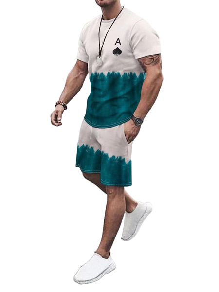 

men playing card print two tone tee & shorts p52k#, Gray