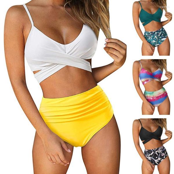 Costumi da bagno da donna 2 pezzi Bikini sexy Costume da bagno con controllo della pancia Copertura completa Panty Criss Cross Piscina Spiaggia Estate