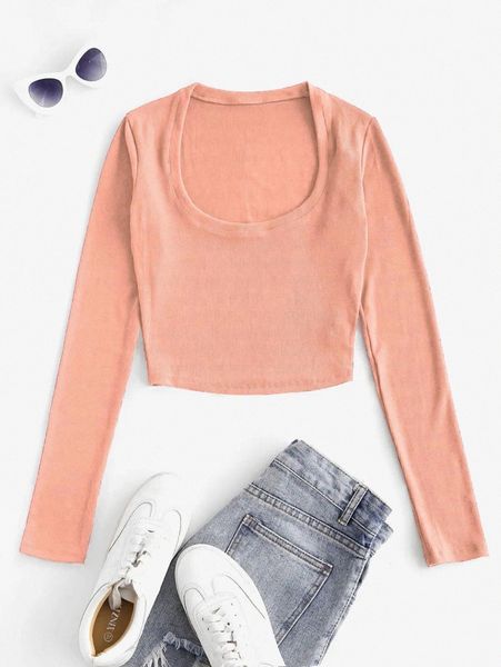 

solid scoop neck crop tee d03y#, White