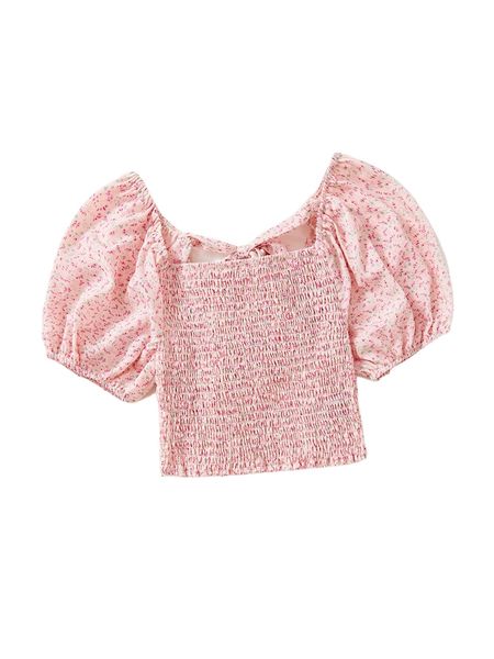 

ditsy floral print shirred knot front crop h6bc#, White