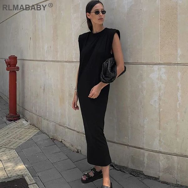 

loose pad shoulder sleeveless long maxi dress fashion england elegant casual dress autumn back split women cotton dress, Black;gray