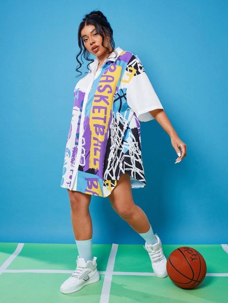 

plus drop shoulder basketball print blouse h1rl#, Black