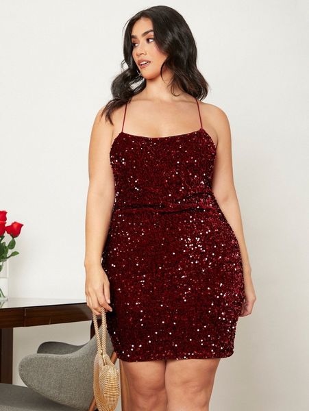 

plus crisscross backless sequin cami bodycon dress 21qp#, Black