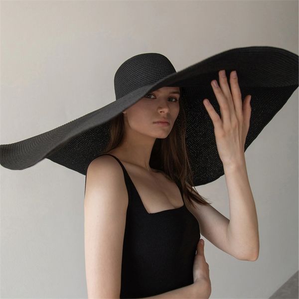 

oversized wide brim straw hat travel black beach 70cm sun summer uv protection floppy foldable cap wholesale 220318, Blue;gray