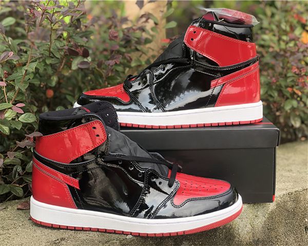 

brand shoes high basketball jumpman 1s bred patent men women black white varsity sneakers, White;red