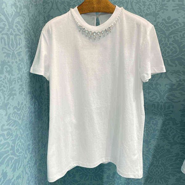 

white short sleeve t-shirt women's heavy industry beaded diamond studded cotton pullover round neck sweat wicking breathable
