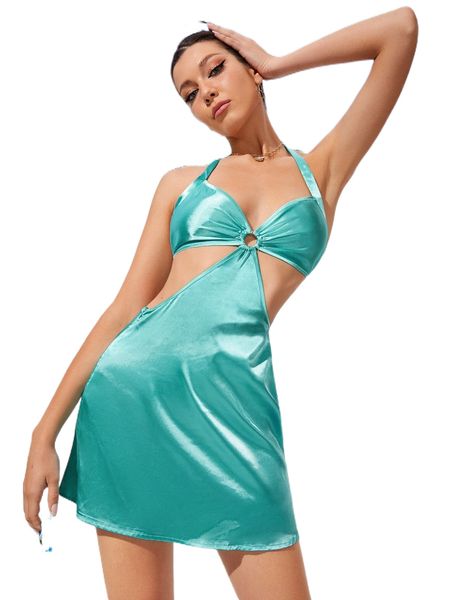 

o-ring cut out tie backless satin halter dress 97kx#, Black;gray