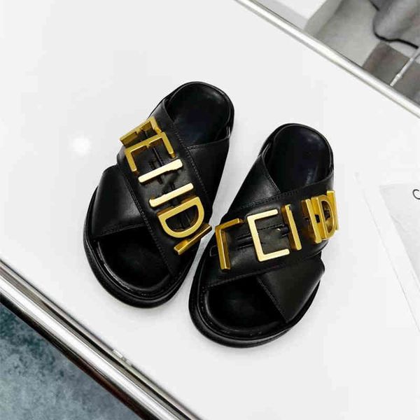 

slippers f fenjia leather slippers women wear summer metal alphabet toe sandals with thick soles and cross bands, Black