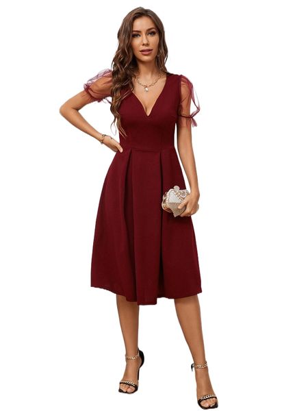 

contrast mesh puff sleeve fold pleated detail dress u0xm#, Black;gray