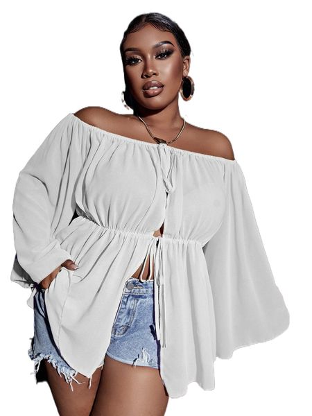 

plus off shoulder knot front split hem peplum blouse u0nb#, Black