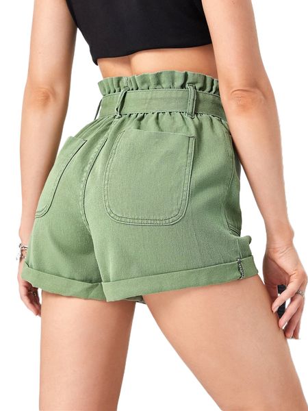 

paperbag waist self belted denim shorts x6pl#, White;black