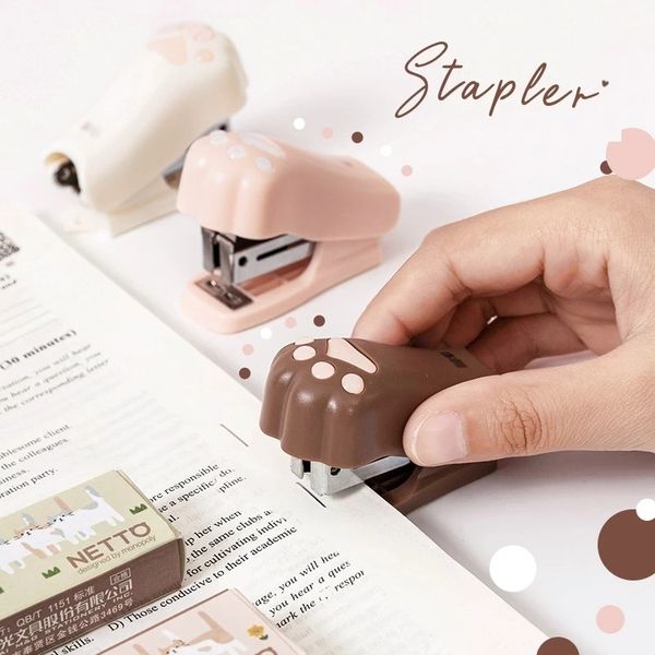 Haushaltsminderung Mini Stapler Set mit Staples Nette Katzenpfotenpapier Bindemittel Stationerie Büro Bindungswerkzeuge Schulmaterial