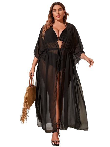 

plus tie front kimono j7ba#, Black;gray