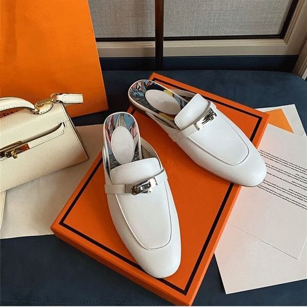 

women loafer flats name brand design slipper shoes oz lock oran slippers flat black genuine leather with box 35-42