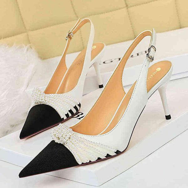 2022 Luxus Damen Weiß Nude Heels Perle Slingback Sandalen Büro Damen 7cm High Heels Party Pumps Plus Size Kleid Brautschuhe G220425