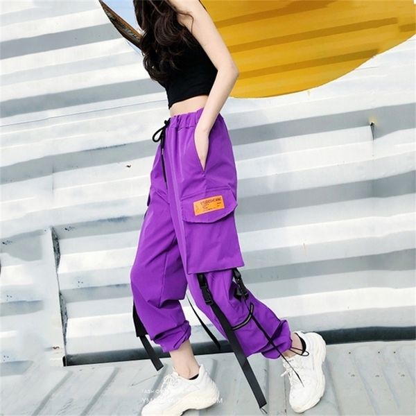 Calças de carga de bolsos grandes quentes Mulheres da cintura alta calças de rua soltas calças de calça larga de calça tática Hip Hop Calças de corrida de alta qualidade LJ201029